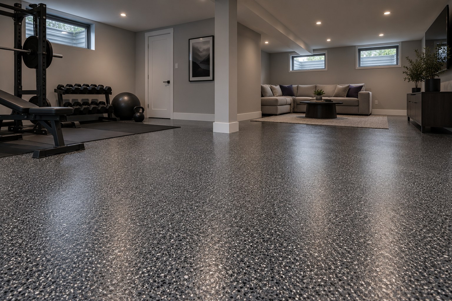 Illustrative finished basement with decorative flake epoxy flooring