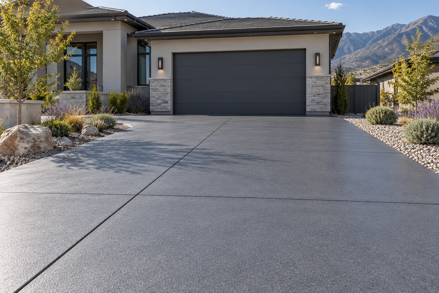 Illustrative outdoor driveway with a textured graphite exterior concrete coating