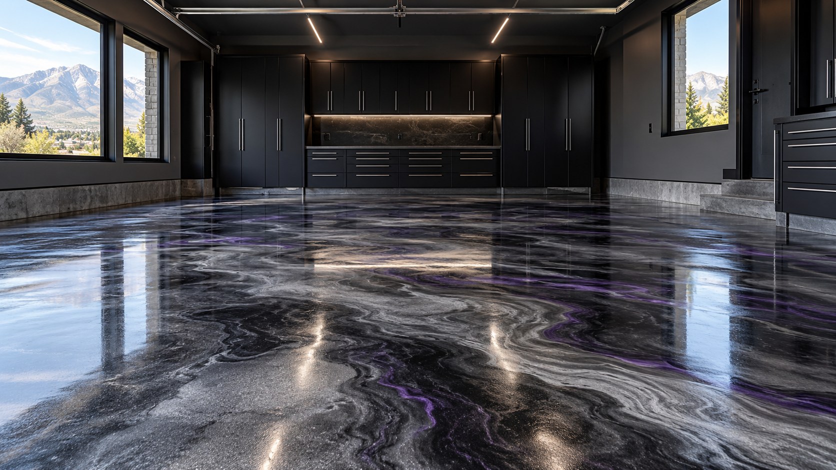 Design inspiration: modern garage with charcoal and silver metallic epoxy flooring