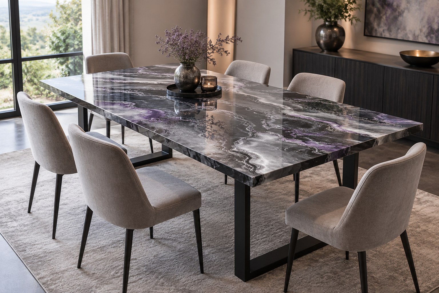 Illustrative standalone dining table with a silver and charcoal metallic resin tabletop
